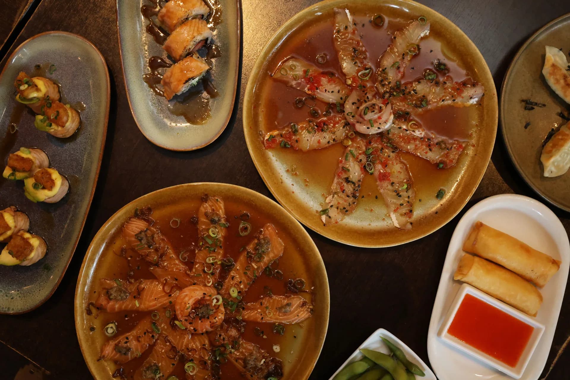 Overhead selection of Koko sushi and Japanese dishes